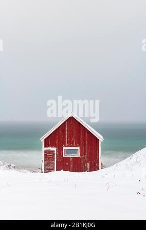 Pesca Rorbuer capanna sulla spiaggia nella neve, Ramberg, Flakstadoya, Lofoten, Norvegia Foto Stock