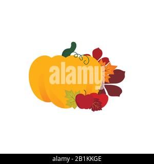 Buon Ringraziamento - zucca matura e foglie di quercia e acero con mele Illustrazione Vettoriale