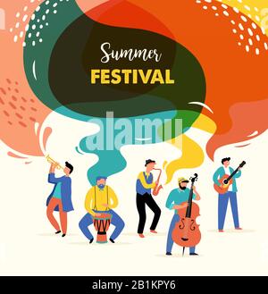 Summer fest, concetto di festival di musica dal vivo, jazz e rock, food Street fair, poster evento e banner colorato disegno vettoriale Illustrazione Vettoriale