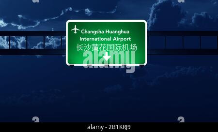 Changsha China Airport Highway Road Sign At Night 3d Illustration Foto Stock