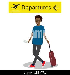 Cartoon africano americano passeggero con valigia a piedi e segno di partenza in aeroporto. Hipster uomo con la barba che tira valigia in aeroporto. Ve Illustrazione Vettoriale