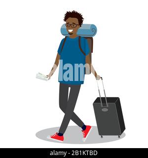 Passeggero americano Cartoon africano con valigia e grande zaino a piedi. Turista hippster maschio con carta d'imbarco isolata su sfondo bianco. Vecto Illustrazione Vettoriale