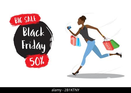 Giovane ragazza afroamericana di moda che corre con le borse di shopping .Black friday tema di vendita. Illustrazione del vettore cartoon su sfondo bianco Illustrazione Vettoriale