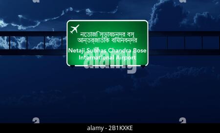 Kolkata India Airport Highway Road Sign At Night 3d Illustration Foto Stock