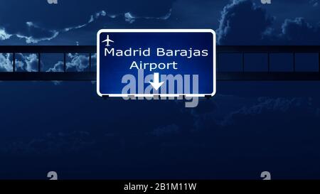 Madrid Spain Airport Highway Road Sign At Night 3d Illustration Foto Stock