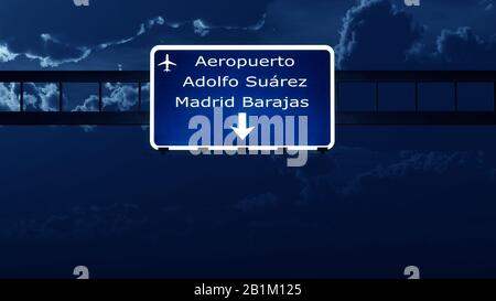 Madrid Spain Airport Highway Road Sign At Night 3d Illustration Foto Stock