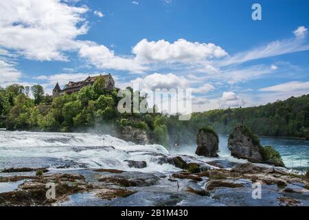 Das Schloss liegt am linken Ufer des Rheins auf einem steilen Felsen über dem Rheinfall und bietet einen Ausblick über den Rhein und den Wasserfall. Foto Stock