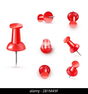 Realistico vettore plastica lucido rosso push pin 3D icona vettoriale su sfondo bianco. Illustrazione Vettoriale