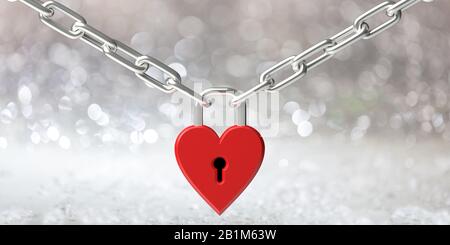 Concetto di amore. Lucchetto a forma di cuore di colore rosso bloccato unisce la catena metallica contro il bokeh, bianco sfocato sfondo astratto, 3d illustrazione Foto Stock