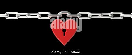 Concetto di amore. Lucchetto a forma di cuore rosso bloccato unisce catena in metallo isolato ritaglio su sfondo nero, banner. figura 3d Foto Stock