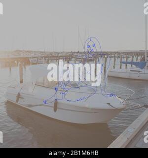 Corpo femminile drawned con linee colorate tecnica di design viaggiare in tutto il mondo. Design moderno. Opere d'arte contemporanea, collage. Concetto di viaggio, vacanza, viaggio, ispirazione, immaginazione. Foto Stock