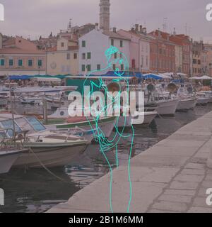 Corpo femminile drawned con linee colorate tecnica di design viaggiare in tutto il mondo. Design moderno. Opere d'arte contemporanea, collage. Concetto di viaggio, vacanza, viaggio, ispirazione, immaginazione. Foto Stock