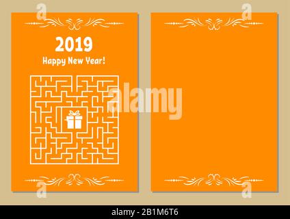 Colore cartolina di auguri di Natale con un labirinto quadrato. Trova il percorso giusto per il regalo. Gioco per bambini. Puzzle per bambini. Labirinto enigma. Illustrazione vettoriale Illustrazione Vettoriale