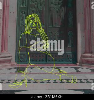 Corpo femminile drawned con linee colorate tecnica di design viaggiare in tutto il mondo. Design moderno. Opere d'arte contemporanea, collage. Concetto di viaggio, vacanza, viaggio, ispirazione, immaginazione. Foto Stock