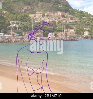 Corpo femminile drawned con linee colorate tecnica di design viaggiare in tutto il mondo. Design moderno. Opere d'arte contemporanea, collage. Concetto di viaggio, vacanza, viaggio, ispirazione, immaginazione. Foto Stock