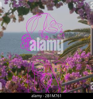 Corpo femminile drawned con linee colorate tecnica di design viaggiare in tutto il mondo. Design moderno. Opere d'arte contemporanea, collage. Concetto di viaggio, vacanza, viaggio, ispirazione, immaginazione. Foto Stock