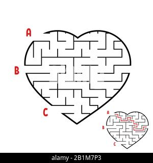 Labirinto a forma di cuore. Gioco per bambini. Puzzle per bambini. Labirinto enigma. Immagine vettoriale piatta isolata su sfondo bianco. Illustrazione Vettoriale