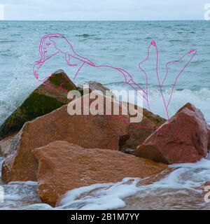 Corpo femminile drawned con linee colorate tecnica di design viaggiare in tutto il mondo. Design moderno. Opere d'arte contemporanea, collage. Concetto di viaggio, vacanza, viaggio, ispirazione, immaginazione. Foto Stock