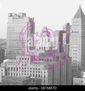 Corpo femminile drawned con linee colorate tecnica di design viaggiare in tutto il mondo. Design moderno. Opere d'arte contemporanea, collage. Concetto di viaggio, vacanza, viaggio, ispirazione, immaginazione. Foto Stock