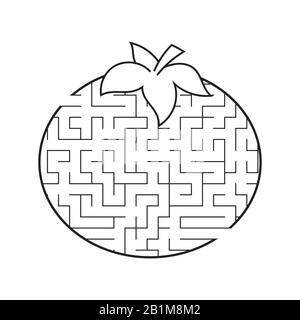 Labirinto Tomato. Gioco per bambini. Puzzle per bambini. Stile cartone animato. Labirinto enigma. Illustrazione vettoriale in bianco e nero. Lo sviluppo della a logica Illustrazione Vettoriale