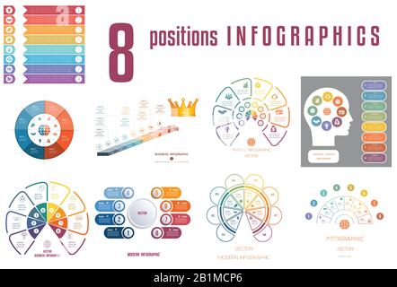 Set 9 elementi di modelli universali processi ciclici concettuali di infografica per 8 posizioni utilizzabili per flusso di lavoro, banner, diagramma, web design, Illustrazione Vettoriale