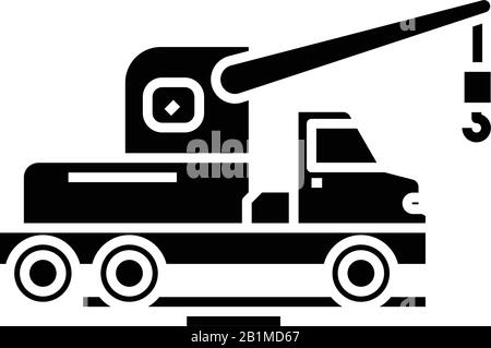 Icona nera del camion costruttore, illustrazione concettuale, simbolo piatto vettoriale, simbolo glifo. Illustrazione Vettoriale