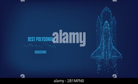 Concetto di avvio. Lancio della navetta da triangoli e punti luminosi. Sfondo di un bel cielo notturno blu scuro. Illustrazione Poligonale vettoriale. po basso Foto Stock