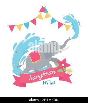 songkran festival elefante versare fiori d'acqua e bandiere decorazione vettore illustrazione Illustrazione Vettoriale
