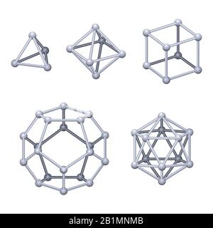 Solidi platonici di colore grigio 3D. Poliedri convessi regolari in spazio tridimensionale con lo stesso numero di facce identiche che si incontrano in ciascun vertice. Foto Stock