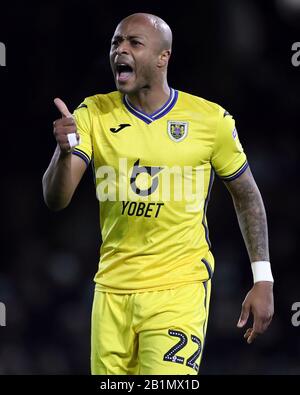 Andre Ayew di Swansea City durante la partita Sky Bet Championship a Craven Cottage, Londra. Foto Stock