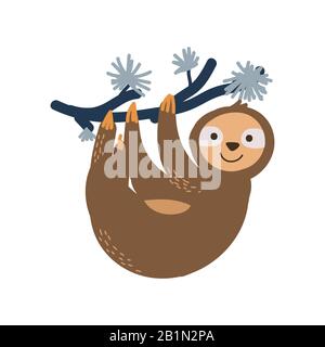 Cute sloth su albero ramo vettore illustrazione. Disegno di stampa animale di cartone animato infantile. Illustrazione Vettoriale