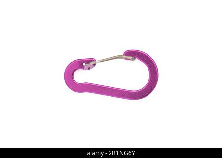 Moschettone sport climbing wire gate viola, isolato su sfondo bianco. Foto Stock