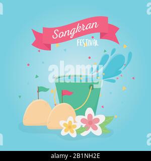 festival songkran tradizionale tailandese secchio con fiori d'acqua decorazione celebrazione disegno vettore illustrazione Illustrazione Vettoriale