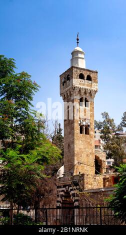 Minareto della moschea di Mamluk era al Bourtasi (al Bertasi), nel centro della città vecchia di Tripoli (Trableus), Libano. Foto Stock