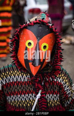 Braganca, Portogallo. 26th Feb, 2020. Un bambino 'Mascaro' durante il carnevale del villaggio portoghese di Vila Boa de Ousilhao, nel comune di Branganca, gli abitanti del villaggio si coprono con maschere in legno e sonagli sulle loro spalle. I 'mascaros' o 'Careti' camminano per le strade del villaggio e fanno le loro acrobazie. Il giorno termina con la Shrovetide bruciante. Credit: Sopa Images Limited/Alamy Live News Foto Stock