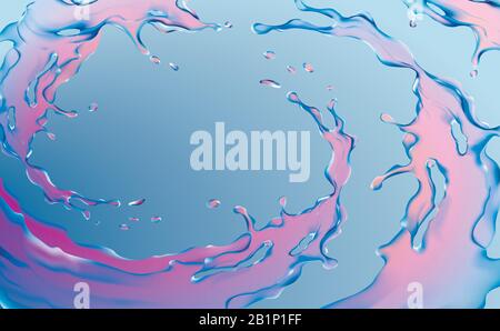 Illustrazione di uno sfondo con spruzzi d'acqua. La circolazione del fluido. Un vettore 3D. Illustrazione Vettoriale