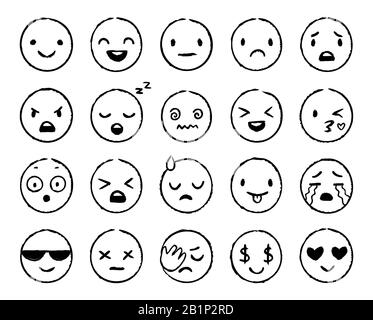 Emoji disegnato a mano. Emoticon Doodle, schizzo della faccia sorridente e pennello di inchiostro grunge emojis doodles set vettoriale Illustrazione Vettoriale