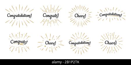 Complimenti scritta. Congratulazioni etichetta, festeggiamento e congratulazioni badge di testo con Golden Burst vettore set Illustrazione Vettoriale