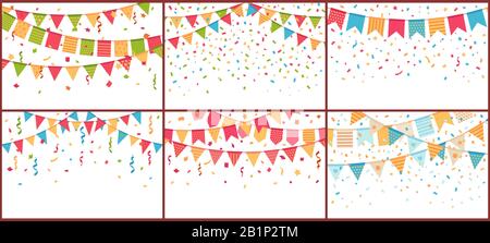 Festa di compleanno bunting e confetti. Colori carta streamers, confettis esplosione e buntings bandiere cartone animato sfondo vettore set Illustrazione Vettoriale