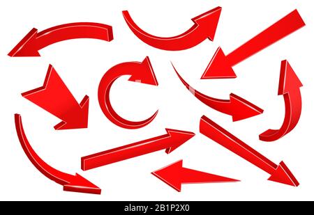 Frecce 3d realistiche. Freccia rivolta verso l'alto curva, forma del puntatore verso il basso e insieme di vettori freccia in avanti Illustrazione Vettoriale