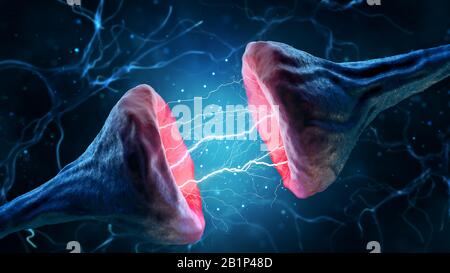 Synapse e neurone su sfondo blu. rendering 3d. Foto Stock