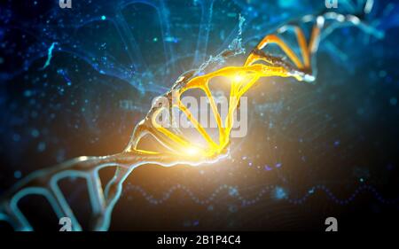 3D rende la struttura del DNA dell'illustrazione su sfondo blu. Foto Stock