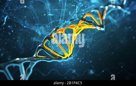 3D rende la struttura del DNA dell'illustrazione su sfondo blu. Foto Stock