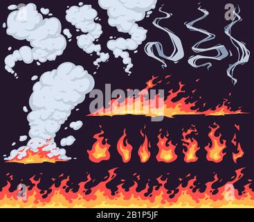 Cartone animato fuoco e fumo. Fuoco luminoso fiamma, fiamme rosse fuoco e nuvole di fumo effetto vettore set. Pericolo di incendio, fenomeno naturale isolato Illustrazione Vettoriale
