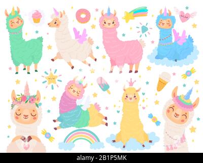 Unicorno cartoon lama. Felice magia colore lama unicorni, morbido rosa alpaca vettore illustrazione set. Collezione di adesivi animali esotici carini Illustrazione Vettoriale