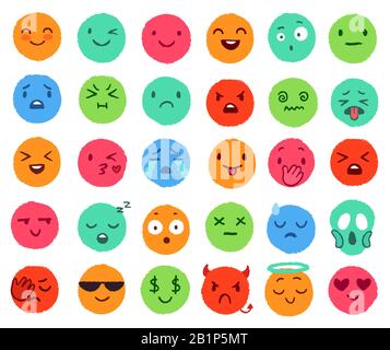 Emoji colorate disegnate a mano. Facce colorate di doodle, emoticon felice e sorridente rotondo del vettore di faccia. Adesivi per social media carini per emozioni diverse Illustrazione Vettoriale