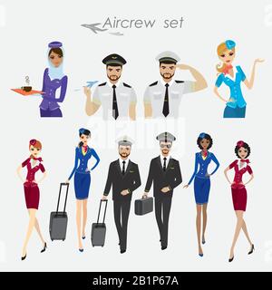 Set Di Aeromobili equipaggio, steward e piloti in forma di lavoro Isolato su bianco, cartone animato vettore illustrazione Illustrazione Vettoriale