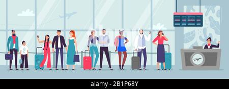 Coda per il check-in all'aeroporto. Viaggiatori in attesa in linea, persone attendono l'aereo e persona che effettua il check-in compagnia aerea zona di partenza vettore illustrazione Illustrazione Vettoriale