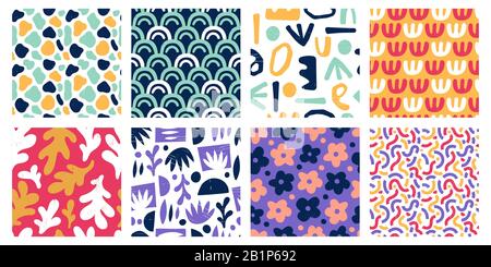 Disegni di forme di colore astratte senza giunzioni. La forma geometrica del francobollo d'arte moderna, il colorato cartellone per scarabocchiare e gli oggetti disegnati a mano sullo schema a griglia Illustrazione Vettoriale