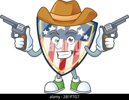 Il coraggioso di vintage Shield distintivi USA Cowboy personaggio cartoon tenere pistole Illustrazione Vettoriale